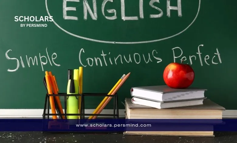 Books, markers, and an apple on a desk in front of a chalkboard with English grammar words written on it, representing English language learning.