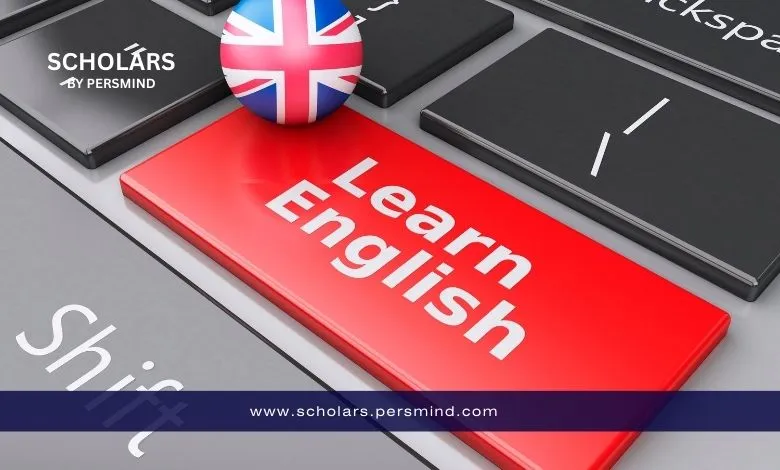 Keyboard with a red “Learn English” key and a UK flag sphere, symbolizing online English courses for beginners.