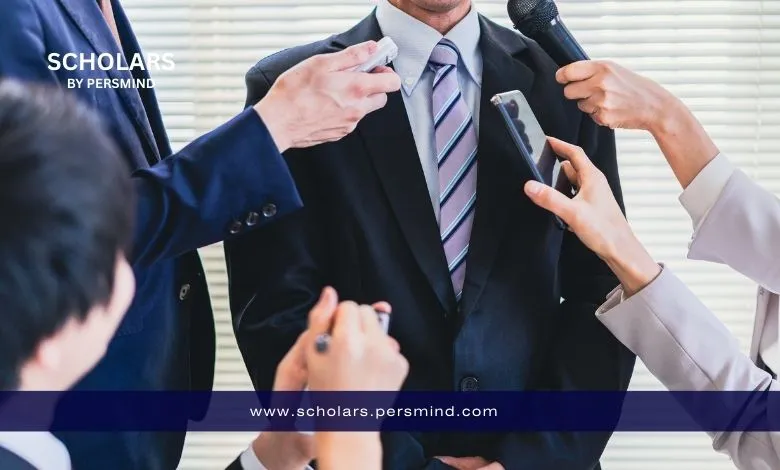 Business leader in suit answering media questions with multiple microphones and smartphones during a press interview.
