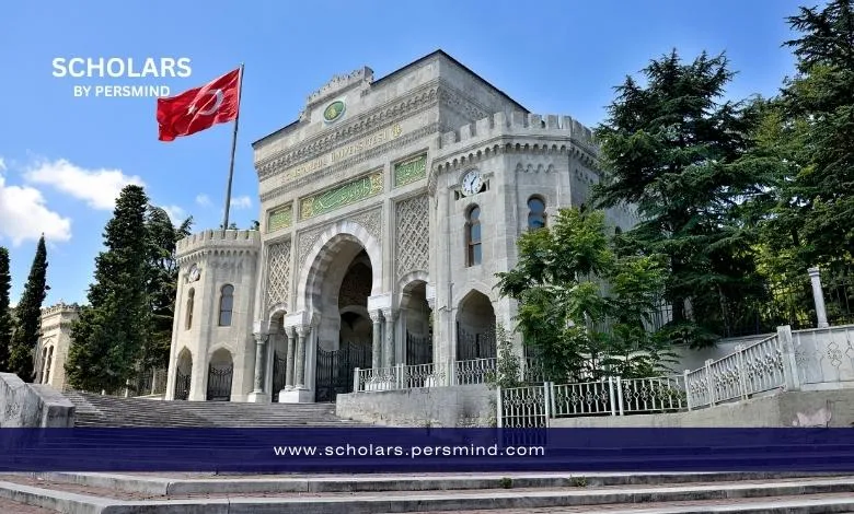 Historic university building in Turkey with the Turkish flag, representing Türkiye Bursları government scholarship.
