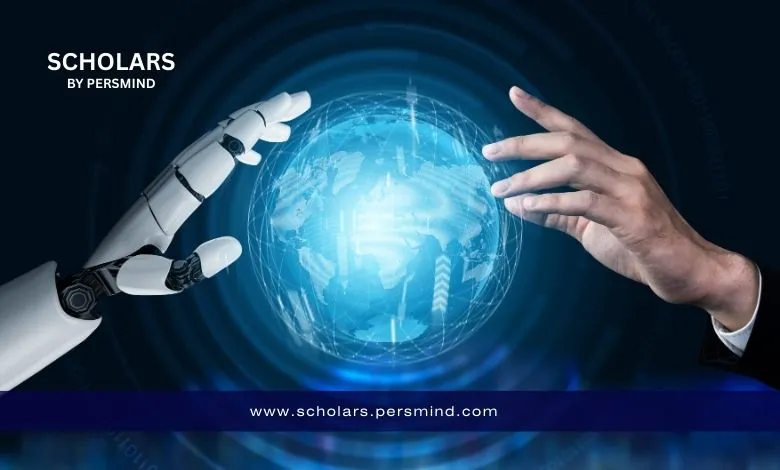 A robotic hand and a human hand reaching toward a glowing digital globe, symbolizing collaboration between artificial intelligence and human innovation.