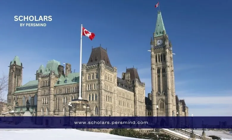 The Canadian Parliament building in Ottawa with a Canadian flag waving in front, representing study and scholarship opportunities in Canada.