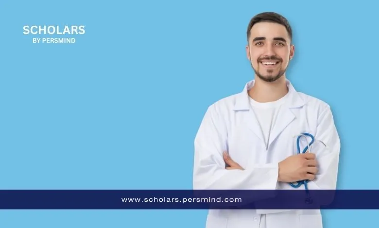 Smiling young male doctor in a white lab coat holding a stethoscope on a blue background with Persmind branding, illustrating the Hanyang University Medicine Scholarship 2026 for international medical students.