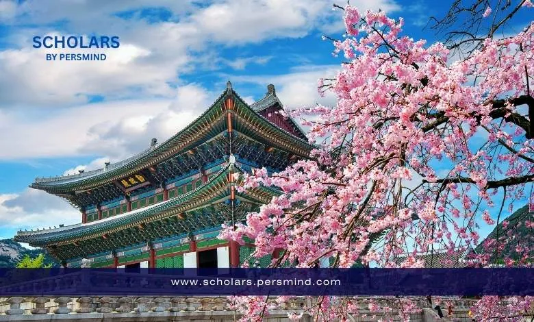 Traditional Korean palace with cherry blossoms in full bloom under a bright sky, representing study opportunities in South Korea for the Korean Government Scholarship (GKS).